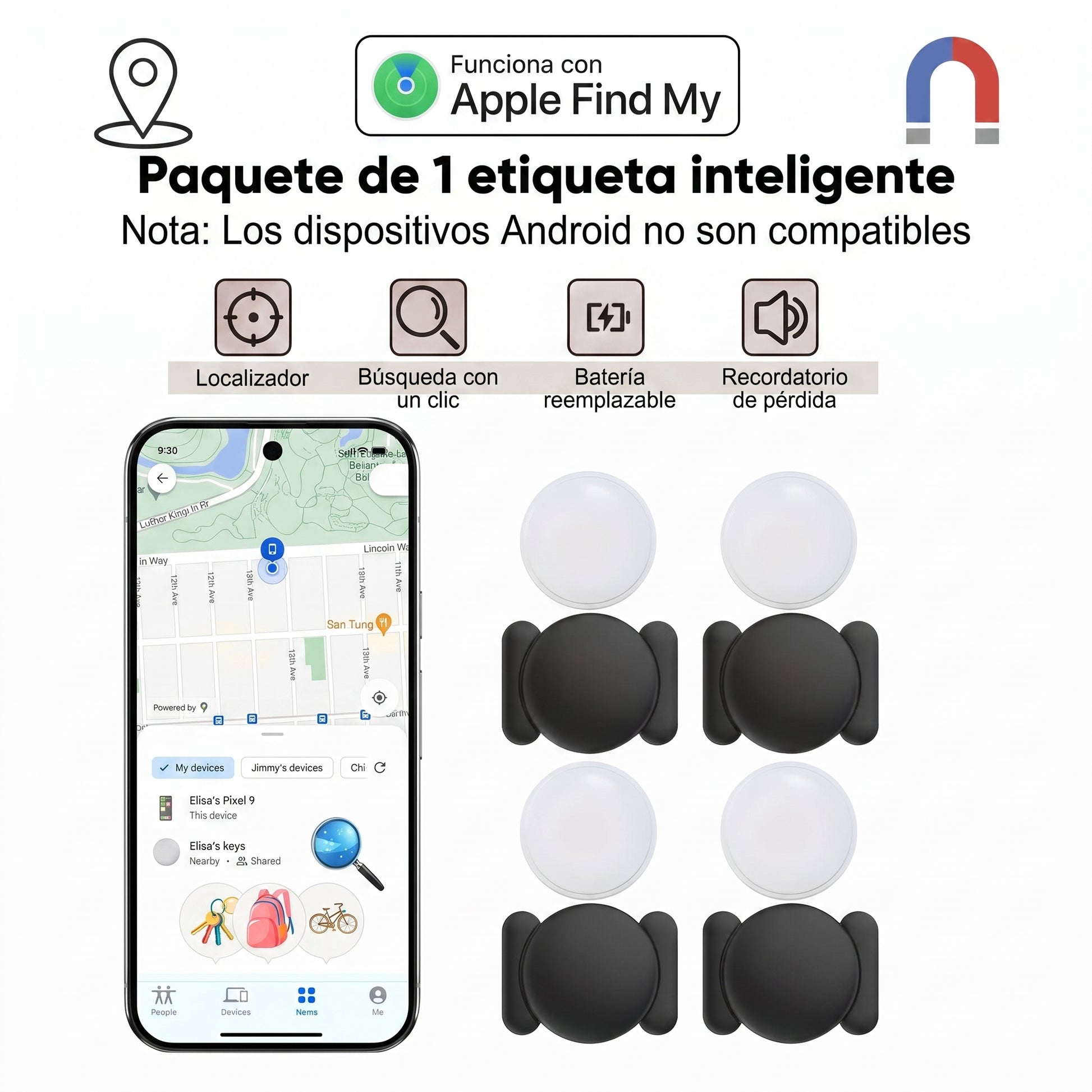 Características del localizador magnético compatible con Apple Find My